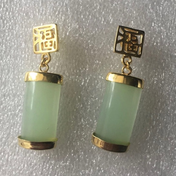 Natural Green Jade 18KGP Fortune Pendant Necklace Drop Earring Bracelet set 福# - Picture 4 of 10